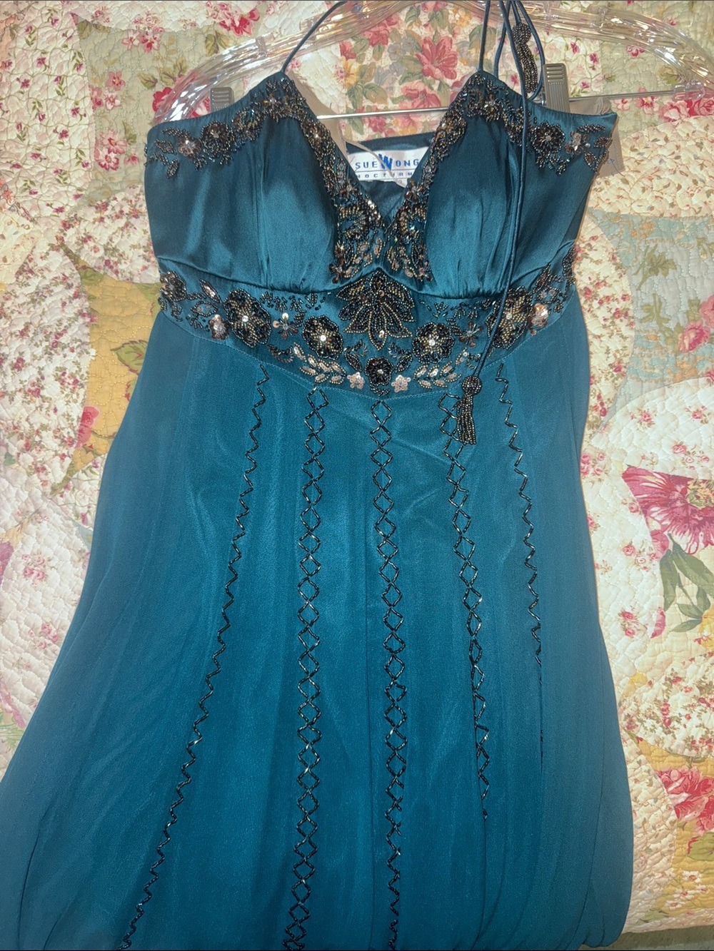 Sue Wong Teal Beaded Chiffon Evening Dress - Women size 2